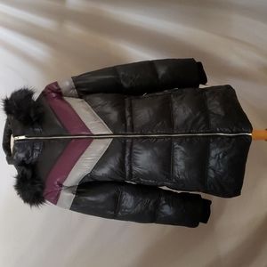 NEW Rachel Roy Colorblock Faux Fur Hood Puffer Jacket